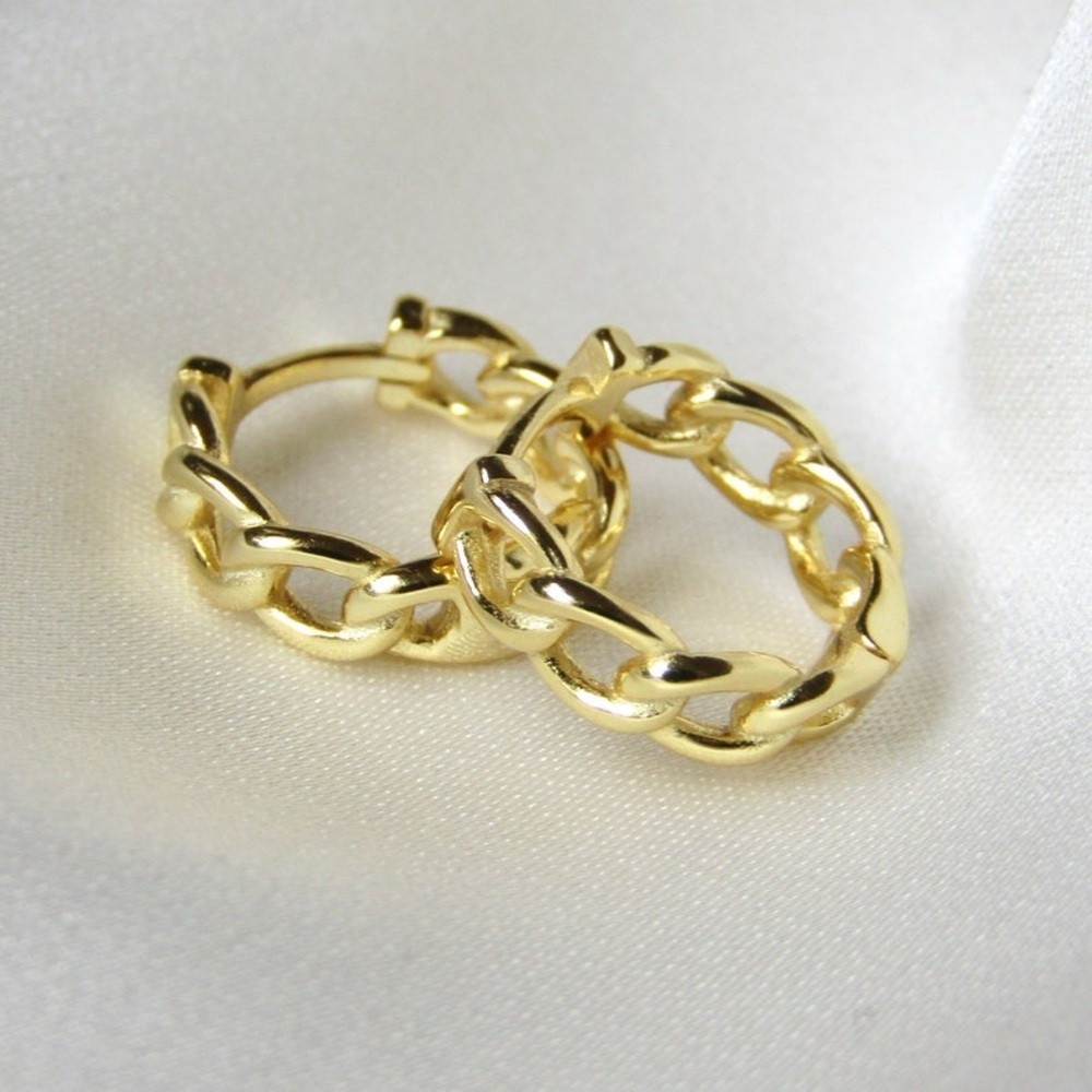 Minimalist Mini Gold Plated Chain Hoops Basketweave Link Earrings Gifts S925 - Picture 4 of 4